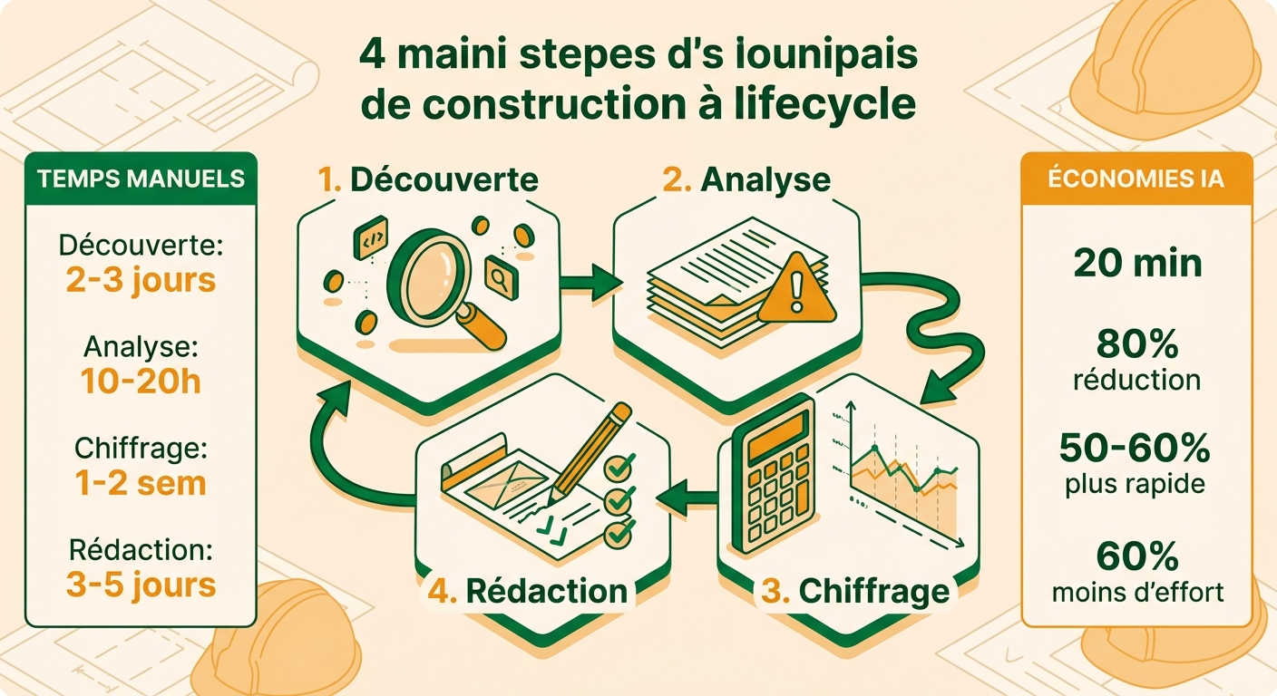 Infographie du cycle de vie des appels d'offres en construction : les 4 étapes principales avec comparaison des temps manuel vs IA
