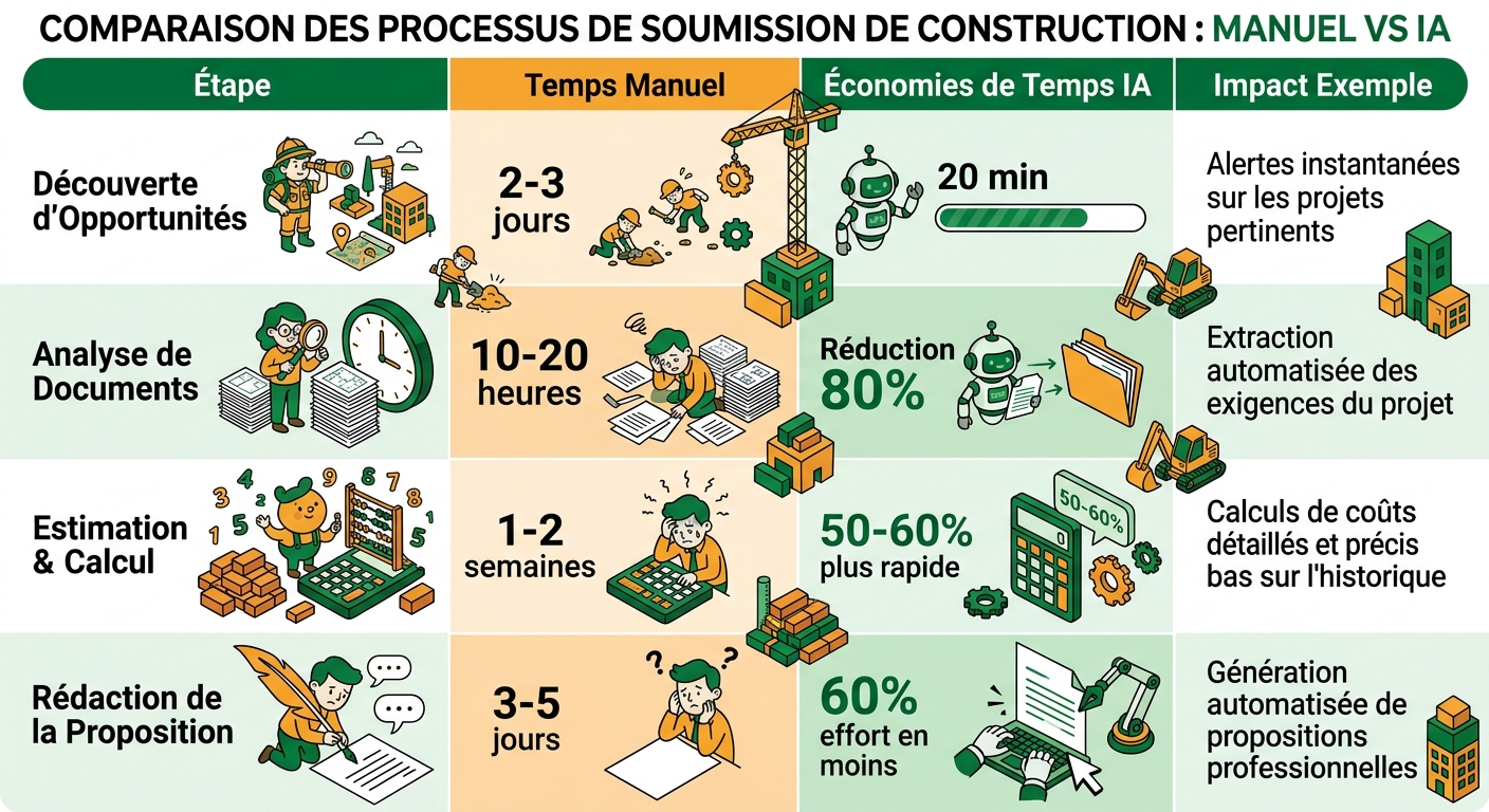 Infographie comparative des économies de temps IA vs processus manuel pour chaque étape des soumissions