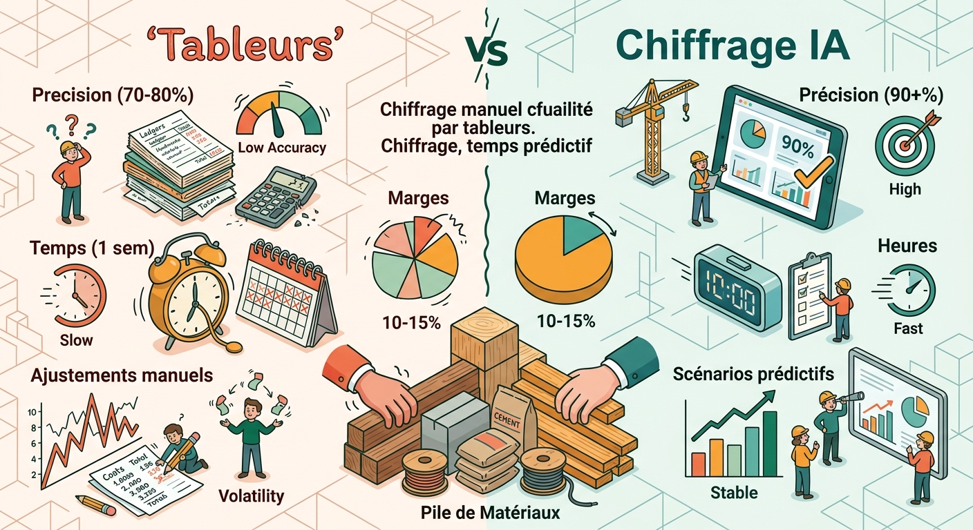 Tableau comparatif infographique : chiffrage manuel par tableurs vs IA prédictif en précision, temps et volatilité