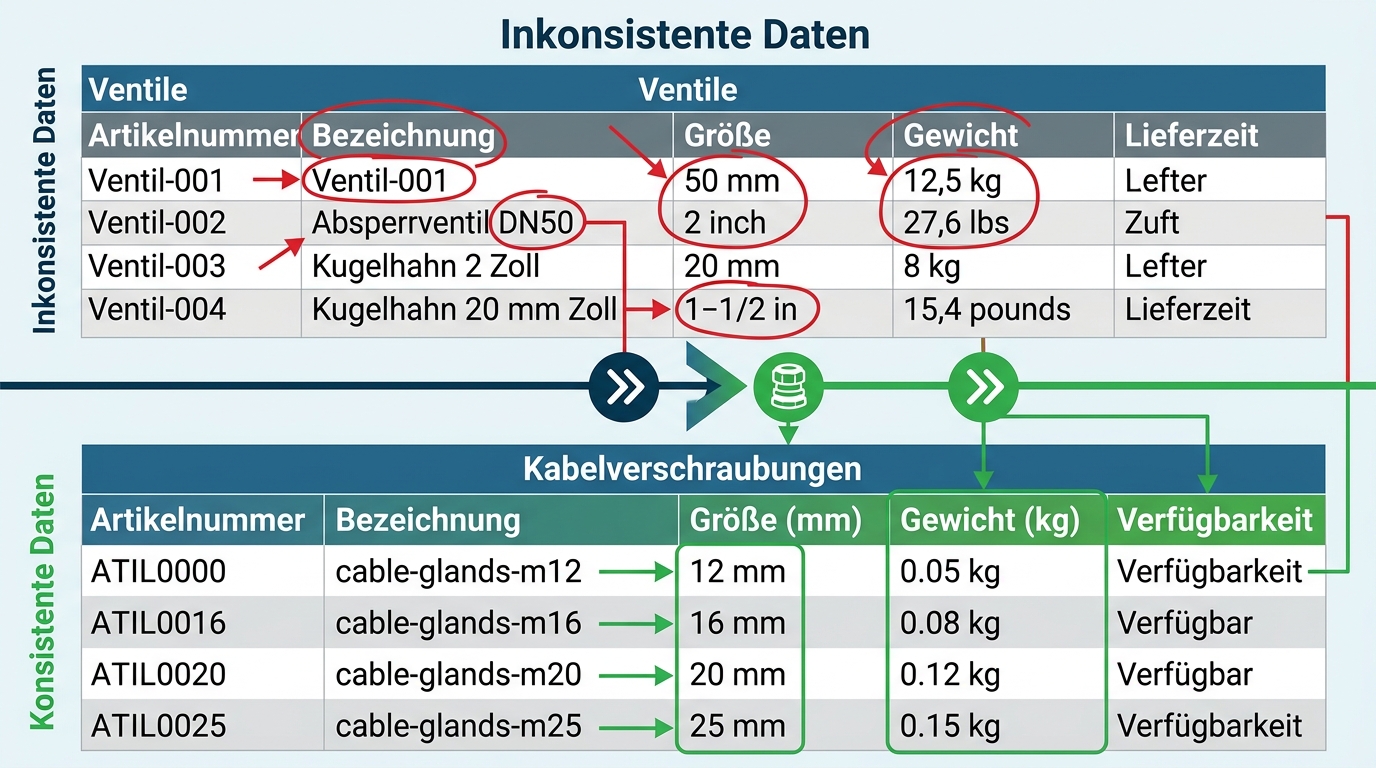 Inkonsistente vs. konsistente Produktdaten-Formate